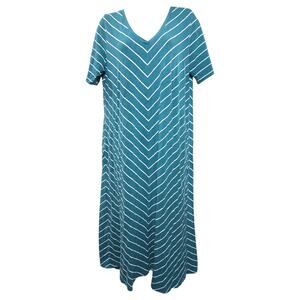 J Jill Wom LG Petite Teal Chevron Striped Short Sleeve Maxi Dress Pockets Summer